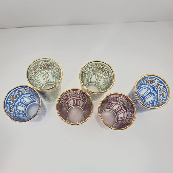 Set of 6 Vintage Moroccan Tea Glasses – Red, Green & Blue with Gold Gilding - Picture 7 of 11